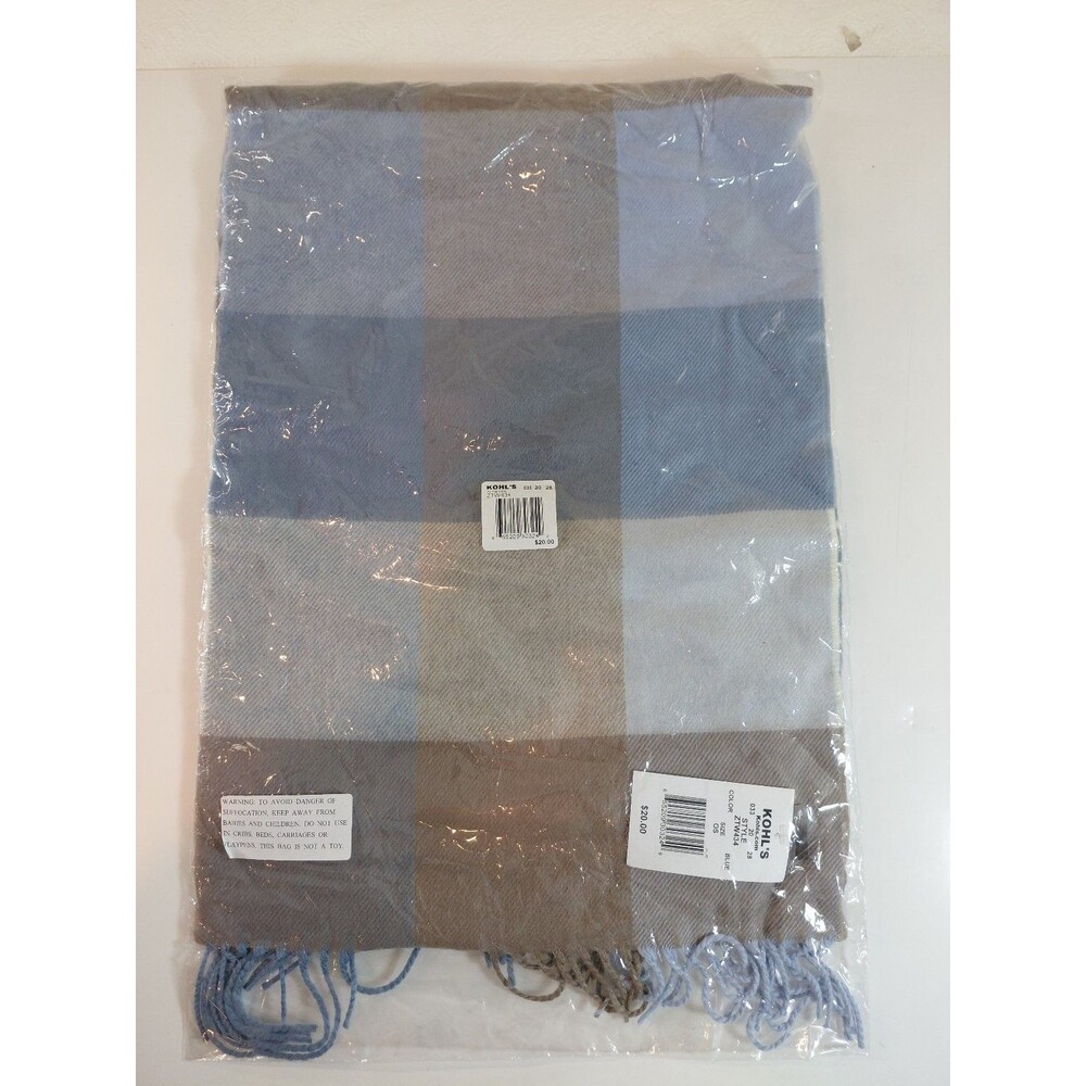 Kohl's Plaid Scarf Blue & Brown Checkered Fringe Winter Wrap OS New